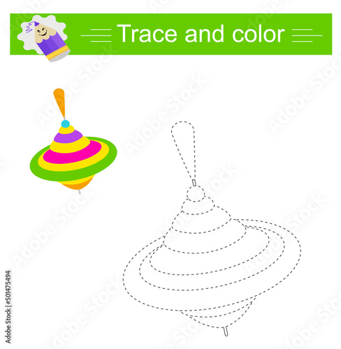 Trace and color for kids, pinwheel toy vector. Preschool worksheet for practicing fine motor skills. Flat minimal design. 