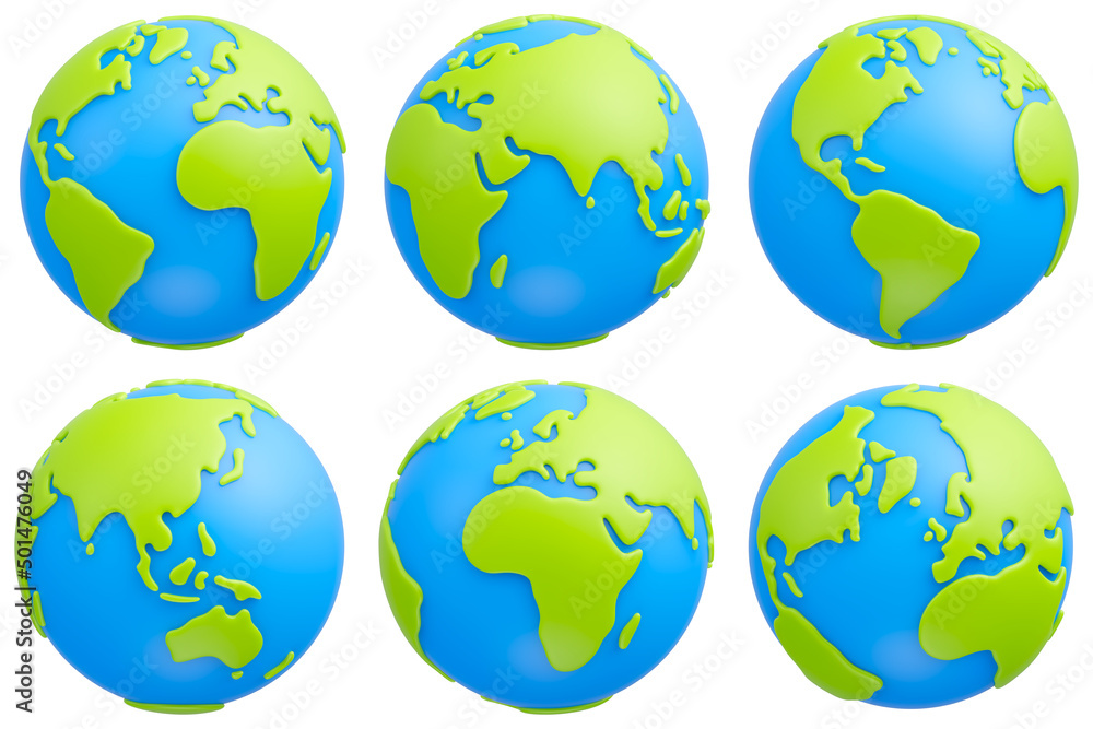 Set of cute cartoon planet Earth in different views on white background. Earth globe 3d icon set. 3d rendering Set of cute cartoon planet Earth in different views on white background. Earth globe 3d icon set. 3d rendering