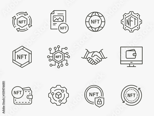 NFT icon set. Collection of blockchain, crypto, currency, coin and more. Vector illustration.