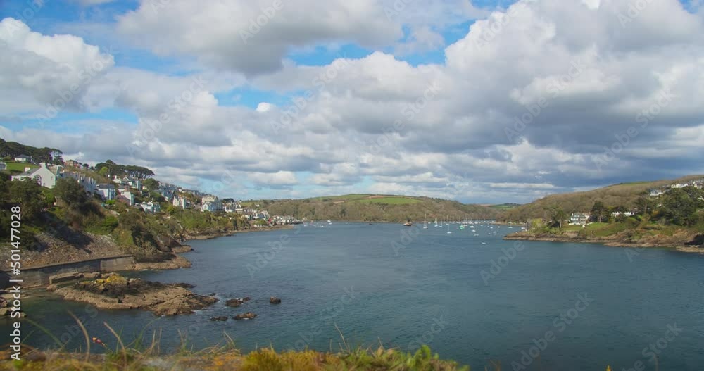 Blue Sky Cloudscape Panoramic View of Fowey River Estuary on the Cornwall Coastline - Timelapse Blue Sky Cloudscape Panoramic View of Fowey River Estuary on the Cornwall Coastline - Timelapse