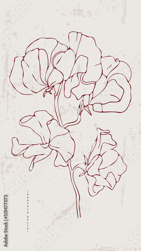 Poster in vintage Chinese style. Illustration with a red flower on a light background. Stylish hand drawn plant with bud in bloom. Decor of premises, covers. Thin lines.