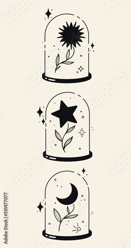 Set of three stylish illustrations. Black logo light background. Hand drawn dot ink templates. Icons for decoration and design with glass dome, flowers, stars.