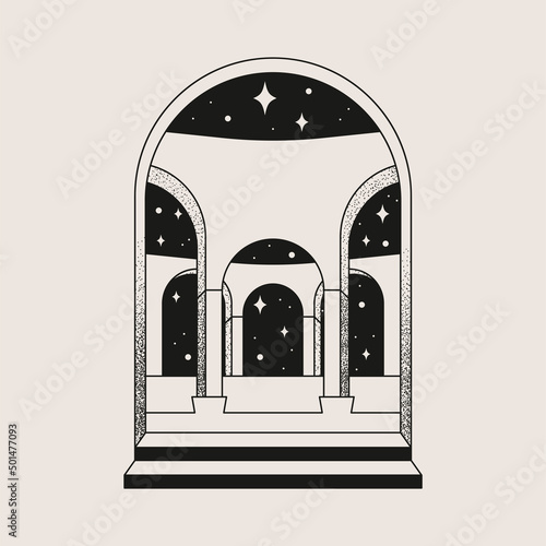 Stylish square illustration. Black element on a light background. Geometric ink pattern. Poster for decoration and design with gates, arches, sun, stars.