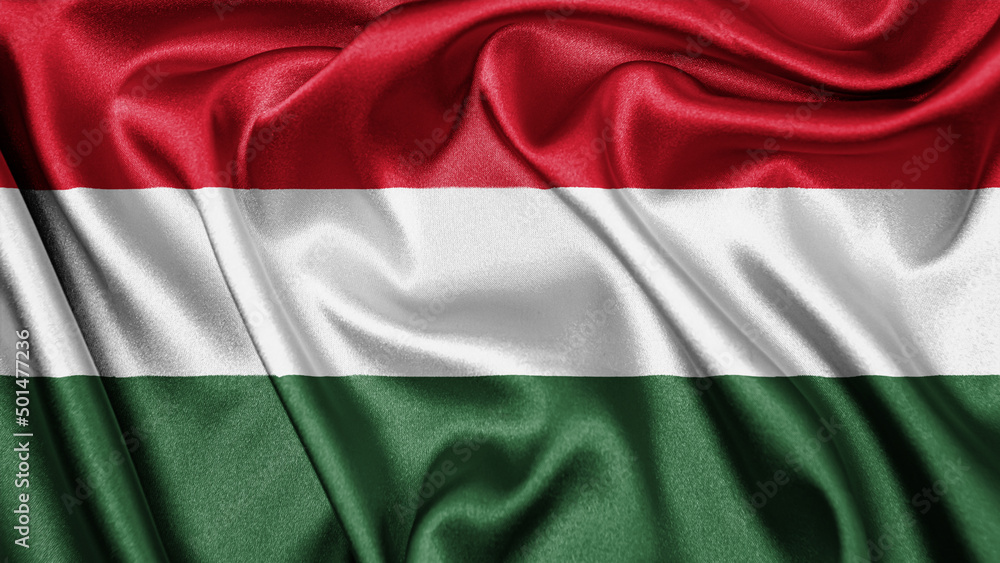 Close up realistic texture fabric textile silk satin flag of Hungary waving fluttering background. National symbol of the country. 15th of March, Happy Day concept
