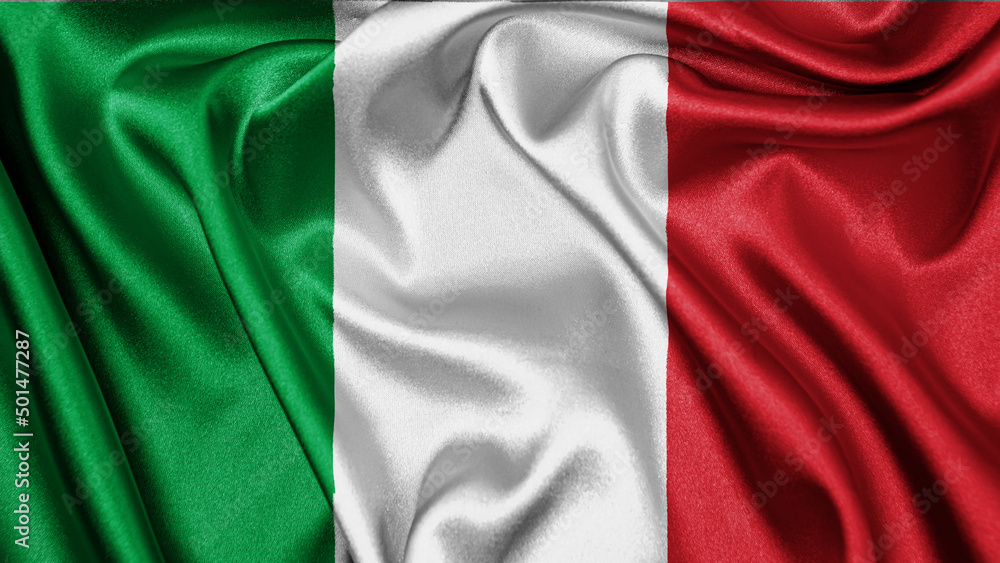 Close up realistic texture fabric textile silk satin flag of Italy waving fluttering background. National symbol of the country. 2nd of June, Happy Day concept
