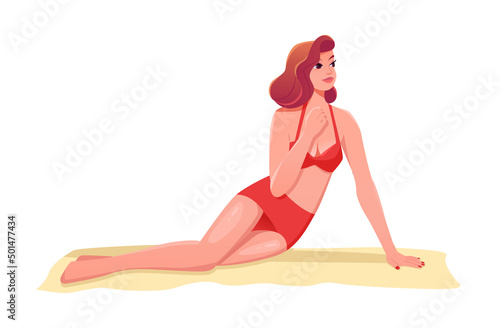 Pin up girl in a swimsuit isolated on a white background. Female character. Vector cute Illustration in cartoon style. Fashion.