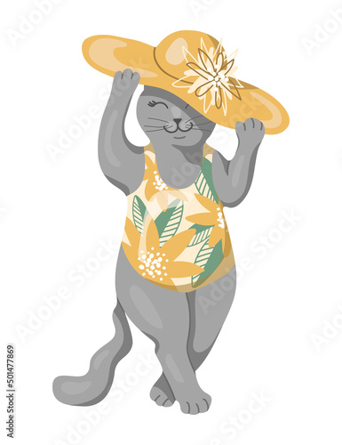 Vector isolated element. Cat. Summer hat. Swimsuit. Beach outfit. Summer. Color image on a white background. The print is used for packaging design.