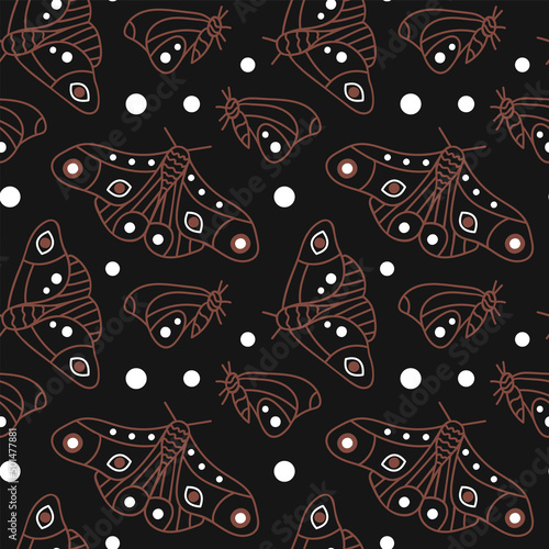 Vector seamless pattern with Moth. Insects. Mysticism. Hand drawn illustration. The print is used for Wallpaper, fabric, textile.