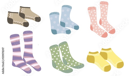 Set of different socks.Warm woolen and cotton socks with cute patterns. Vector illustration