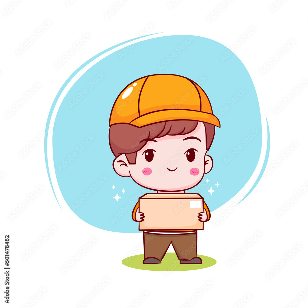 Cute cartoon of delivery man holding package. Hand drawn chibi character isolated background. Cute cartoon of delivery man holding package. Hand drawn chibi character isolated background.