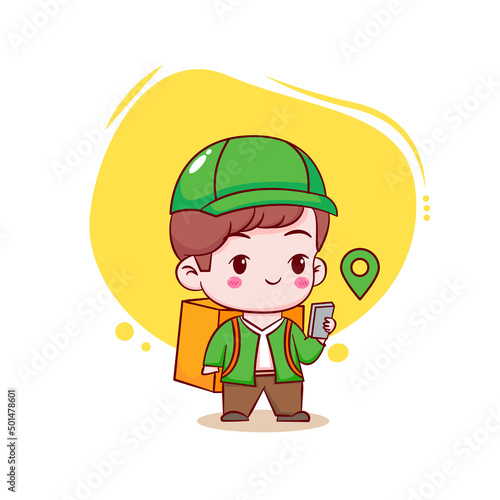 Cute cartoon of delivery man finding location. Hand drawn chibi character isolated background.