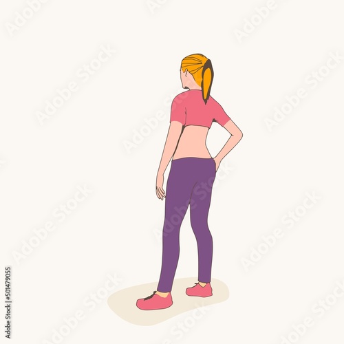 Standing woman. Sport girl illustration. Casual sportwear - t-shirt, breeches and sneakers. Young woman wearing workout clothes. Sport fashion girl outline in urban casual style. Back view