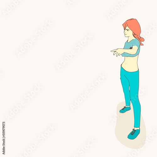 Standing woman. Sport girl illustration. Casual sportwear - t-shirt, breeches and sneakers. Young woman wearing workout clothes. Sport fashion girl outline in urban casual style.