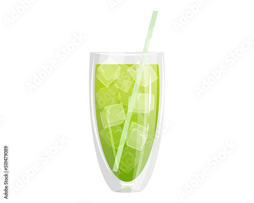 Iced matcha tea with ice in a glass.Green organic tea.Vector illustration isolated on a white background.