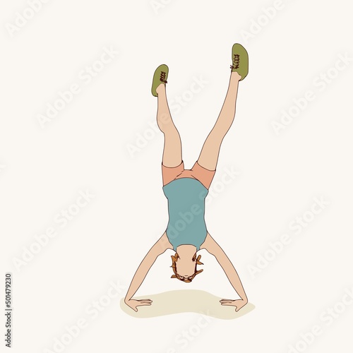 Young female workout. Sport girl doing fitness exercise. Casual sportwear - t-shirt, breeches and sneakers. Young woman wearing workout clothes. Sport fashion girl outline in urban casual style.