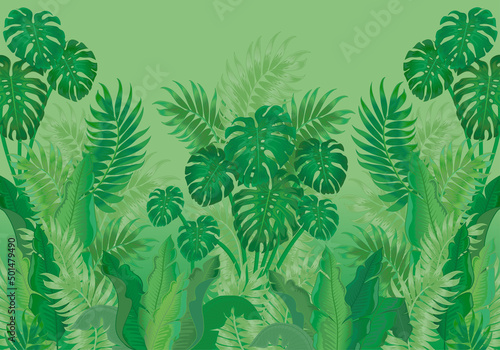 Fashionable tropical pattern with tropical bananas monstera leaves on a white background. Beautiful exotic plants. Trendy summer Hawaii print. Line stylish floral.