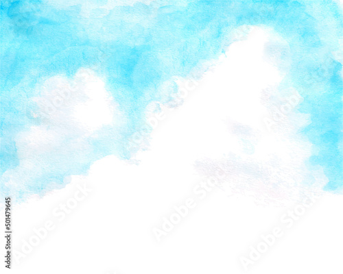 入道雲と空の水彩画 風景 コピースペース 背景 手書き