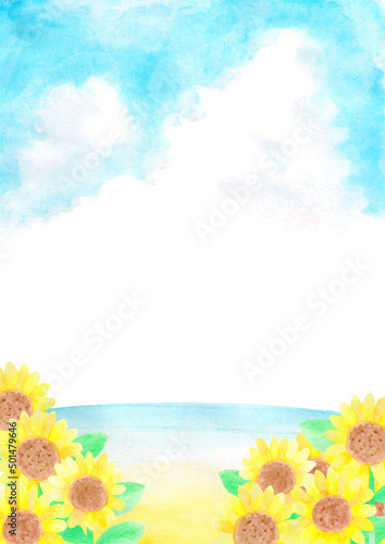 入道雲とひまわり畑の広がる海の水彩画　風景　コピースペース　背景　手書き
