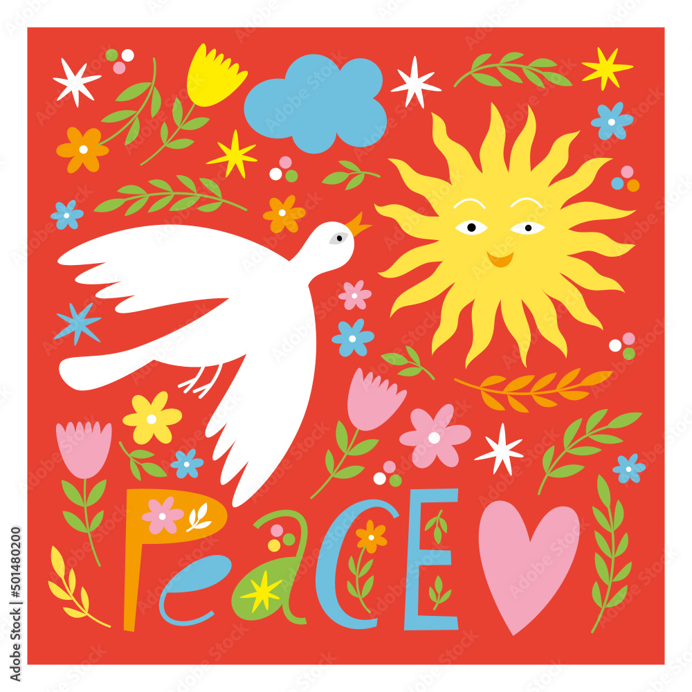 Card with white bird on red background. Peace symbol illustration Card with white bird on red background. Peace symbol illustration
