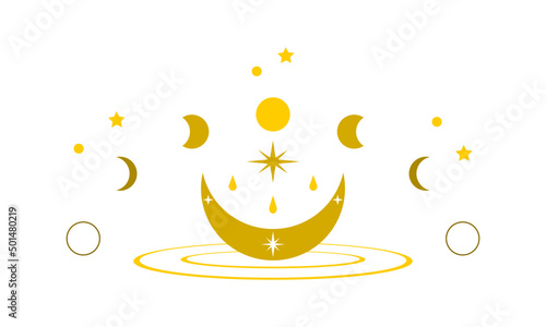 Yellow moon different phases of lunar phases mystic witch magic on white background flat vector icon design.
