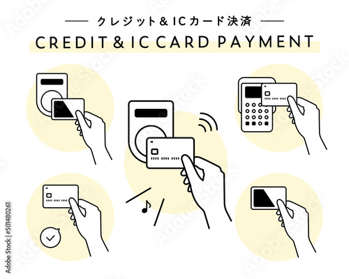 クレジットカード＆ICカード決済のイラストセット　シンプル　電子マネー　キャッシュレス　支払い