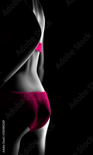 Woman in red sexy lingerie is posing against dark background with contrast backlight. Beauty and fashion concept. 3D render