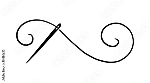 Tailor needle with thread. Hand drawn doodle sketch style sewing needle element. Craft, embroidery tool for textile, sewing shop design. Vector illustration.
