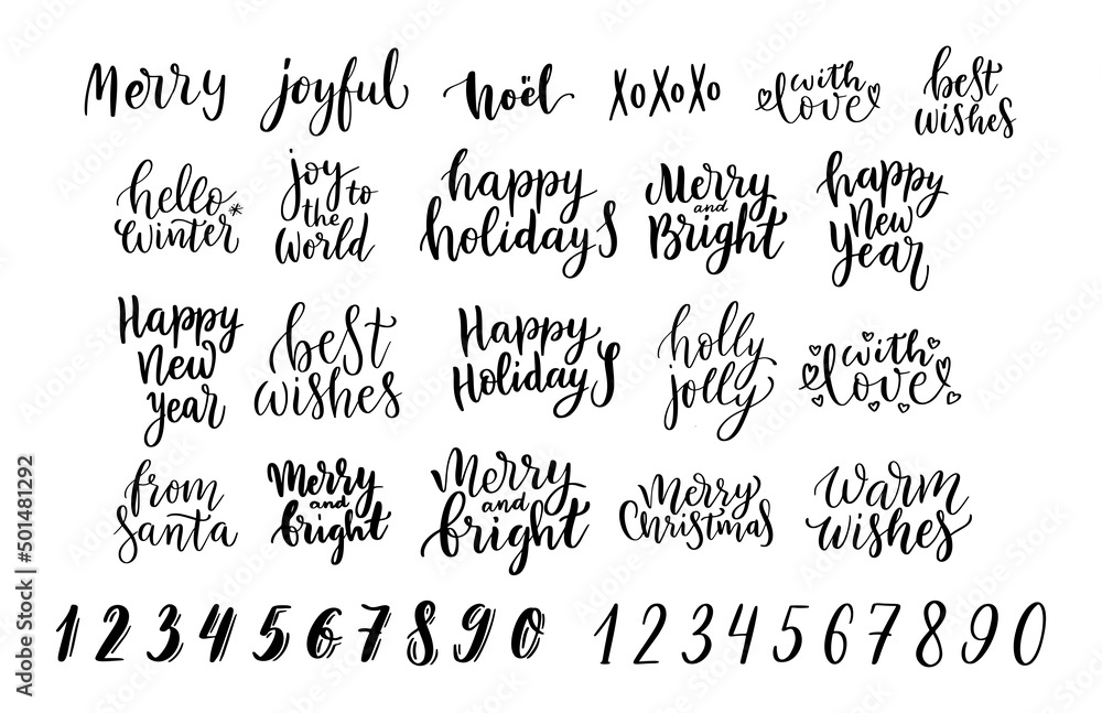 Christmas handwriting lettering quotes set. Holiday typography poster collection. Xmas celebration phrase graphic collection. Christmas message greeting card, invitation. Isolated on white background