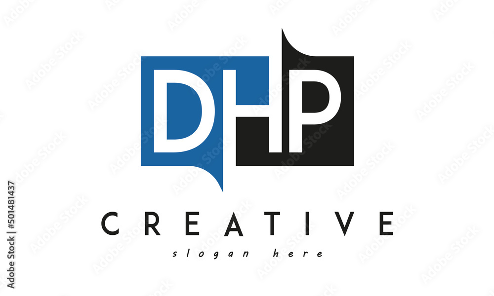 DHP Square Framed Letter Logo Design Vector with Black and Blue Colors DHP Square Framed Letter Logo Design Vector with Black and Blue Colors