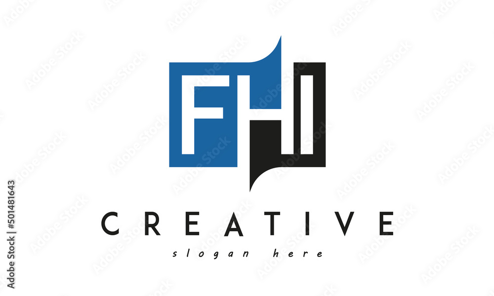 FHI Square Framed Letter Logo Design Vector with Black and Blue Colors FHI Square Framed Letter Logo Design Vector with Black and Blue Colors