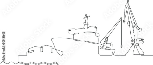 One continuous line. Cargo seaport. Pier with loading cranes. Unloading arrived cargoes. Port dock. Container ship unloading.One continuous line drawn isolated, white background.
