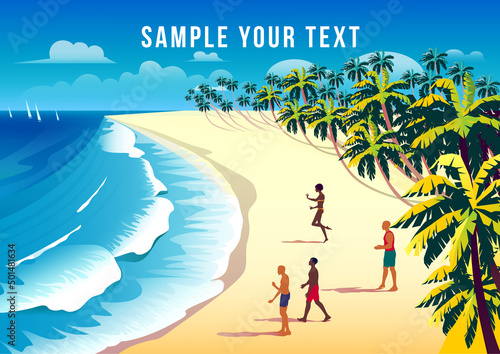 Beautiful Tropical landscape with beach, houses, mountains and the sea in the background. Handmade drawing vector illustration.