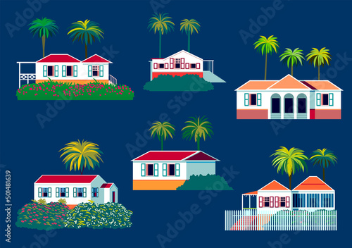 Vector set of caribbean traditional houses and bungalows with palms and flower beds.