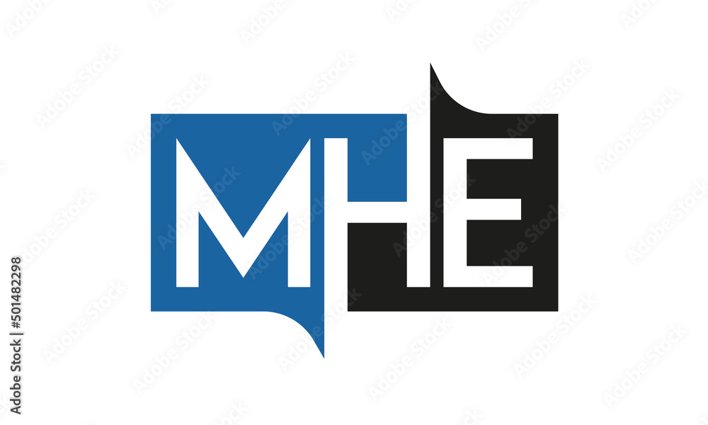 MHE Square Framed Letter Logo Design Vector with Black and Blue Colors MHE Square Framed Letter Logo Design Vector with Black and Blue Colors