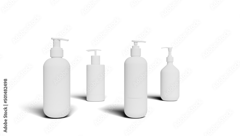 Set white cosmetic bottles packaging mockup, ready for your design, illustration. 3d rendering. Set white cosmetic bottles packaging mockup, ready for your design, illustration. 3d rendering.