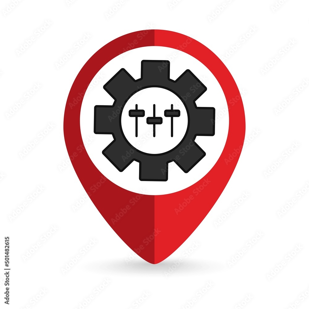 Red pin location with Customisation icon inside. Vector illustration. Red pin location with Customisation icon inside. Vector illustration.