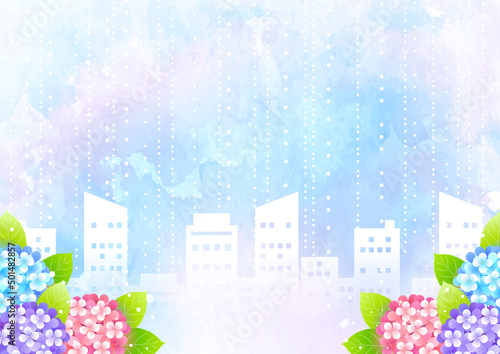 水彩風梅雨のビル街背景ヨコ