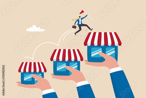 Expand storefront growing business, franchise license or business growth opportunity, marketing to improve retail store and achieve success, confidence businessman jumping on bigger franchise shop.