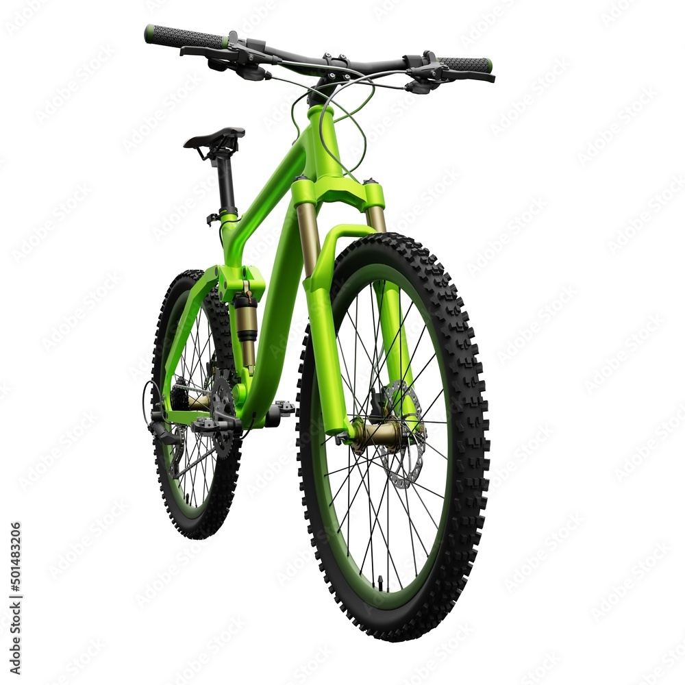 Green mountain bike on an isolated white background. 3d rendering.