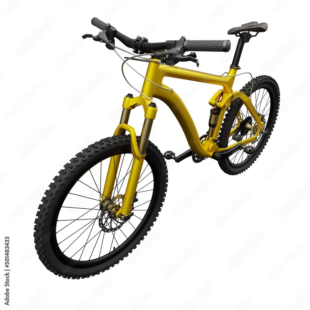 Gold mountain bike on an isolated white background. 3d rendering. Gold mountain bike on an isolated white background. 3d rendering.
