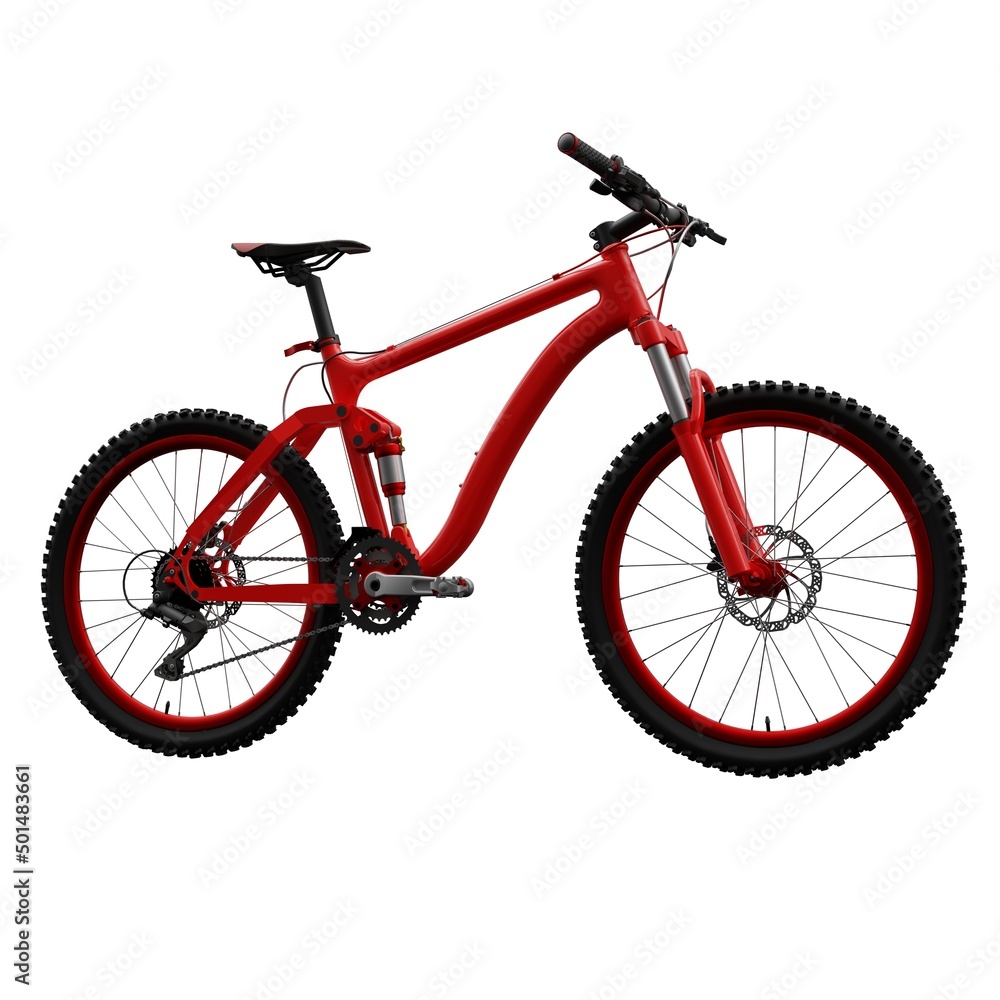 Red mountain bike on an isolated white background. 3d rendering.