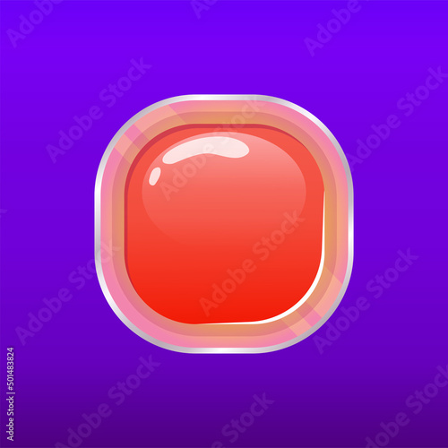 Game button in 2d style on colorful background. Options panel settings button red. Cartoon vector illustration. Game ui for mobile casual games, ui kit, menu.