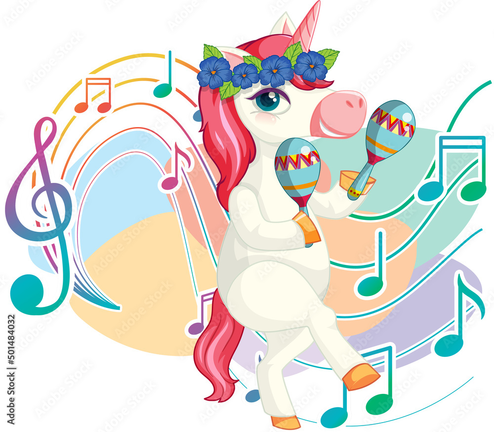 Cute pink unicorn shaking maracas with music notes on white background