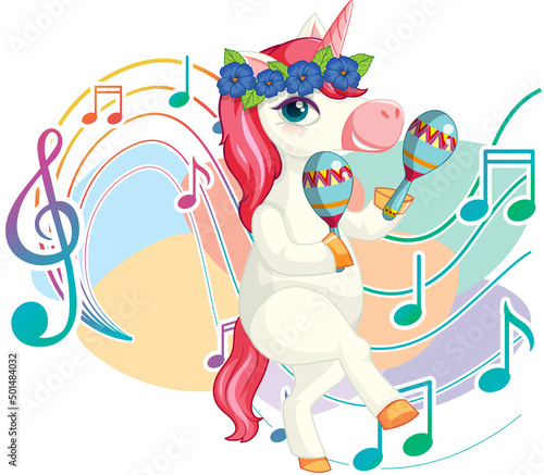 Cute pink unicorn shaking maracas with music notes on white background