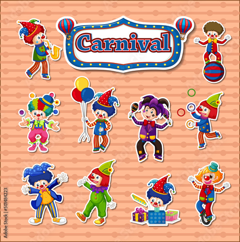 Sticker set of amusement park objects and cartoon characters