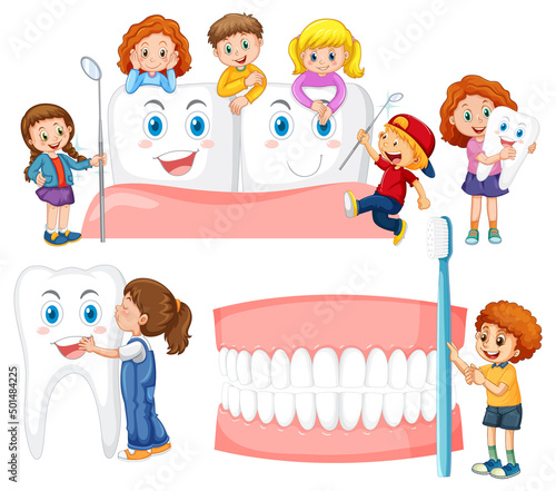 Set of happy kids holding dental cleaning equipment on white background