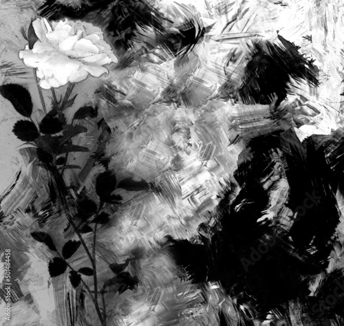 Abstract black and white  background with rose on grunge stain and striped  scratched backdrop
