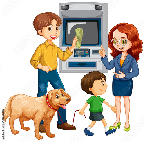 A man withdraw money from atm machine and his family cartoon character