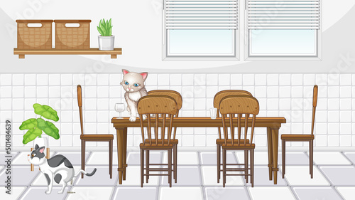 Set of different domestic animals in kitchen