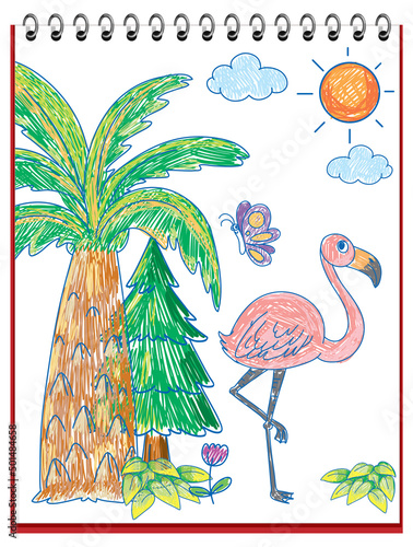 Kids hand drawn doodle flamingo